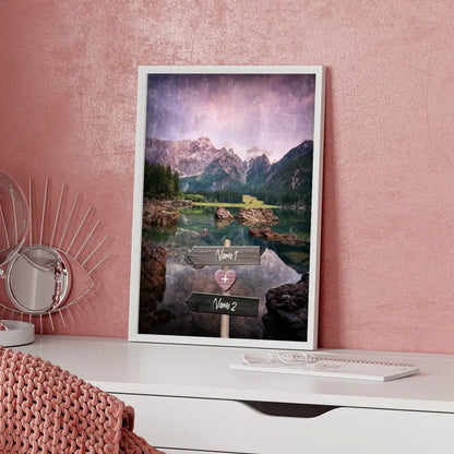 Personalisiertes Poster Liebe Wegweiser mit Herz Berge mit See Mit Namen