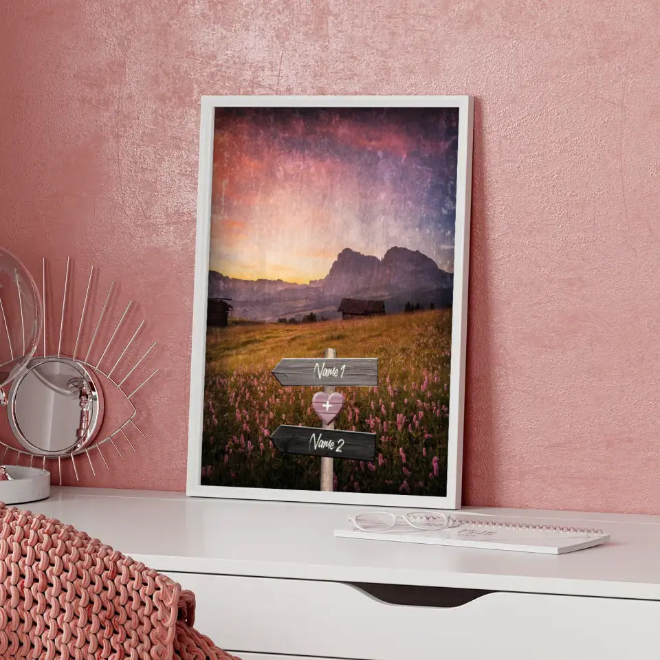 Personalisiertes Poster Liebe Wegweiser mit Herz Alpen Sonnenuntergang Mit Namen