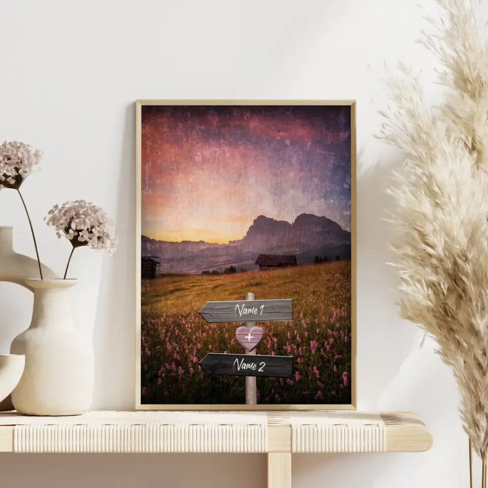 Personalisiertes Poster Liebe Wegweiser mit Herz Alpen Sonnenuntergang Mit Namen