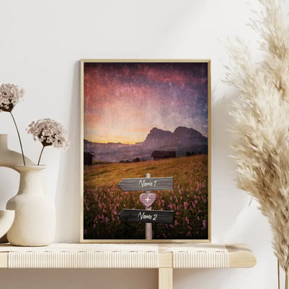Personalisiertes Poster Liebe Wegweiser mit Herz Alpen Sonnenuntergang Mit Namen