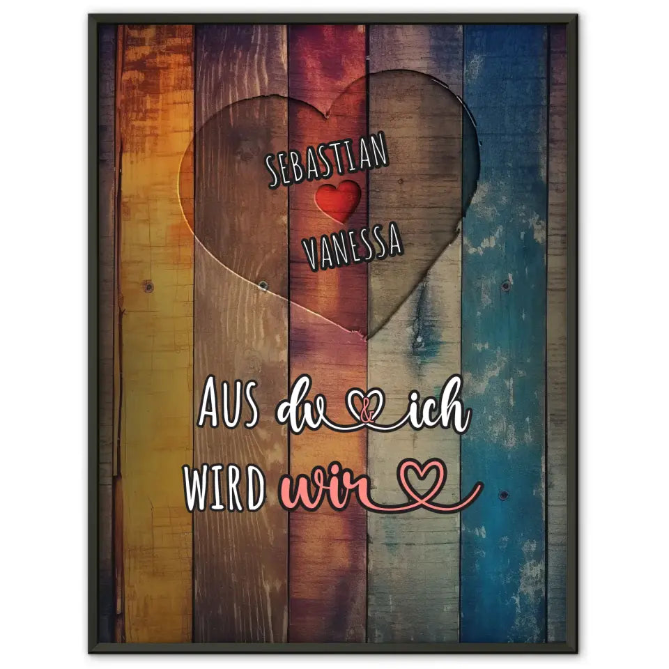 Personalisiertes Poster Paar Herz Holz Du & Ich Wir Vintage Mit Namen