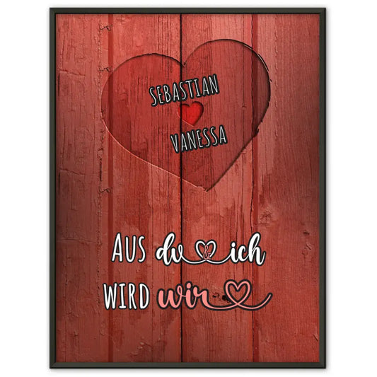 Personalisiertes Poster Paar Herz Holz Rot Du und Ich Vintage Mit Namen