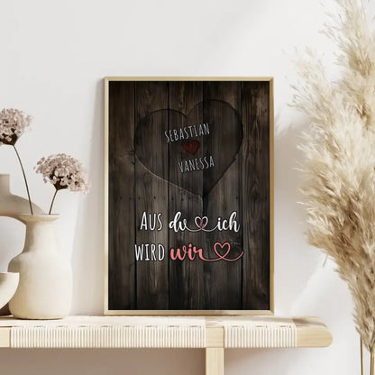 Personalisiertes Poster Paar Herz Holz Du und Ich Wir Mit Namen
