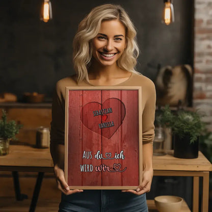 Personalisiertes Poster Paar Herz Holz Rot Du und Ich Vintage Mit Namen
