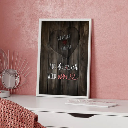 Personalisiertes Poster Paar Herz Holz Du und Ich Wir Mit Namen