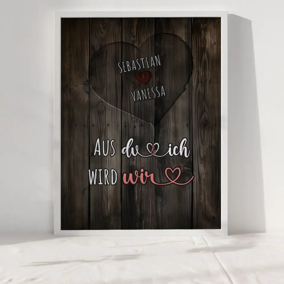 Personalisiertes Poster Paar Herz Holz Du und Ich Wir Mit Namen