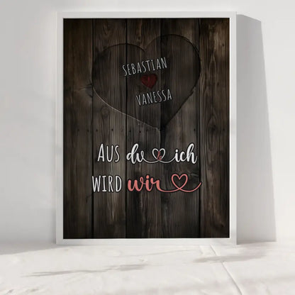 Personalisiertes Poster Paar Herz Holz Du und Ich Wir Mit Namen