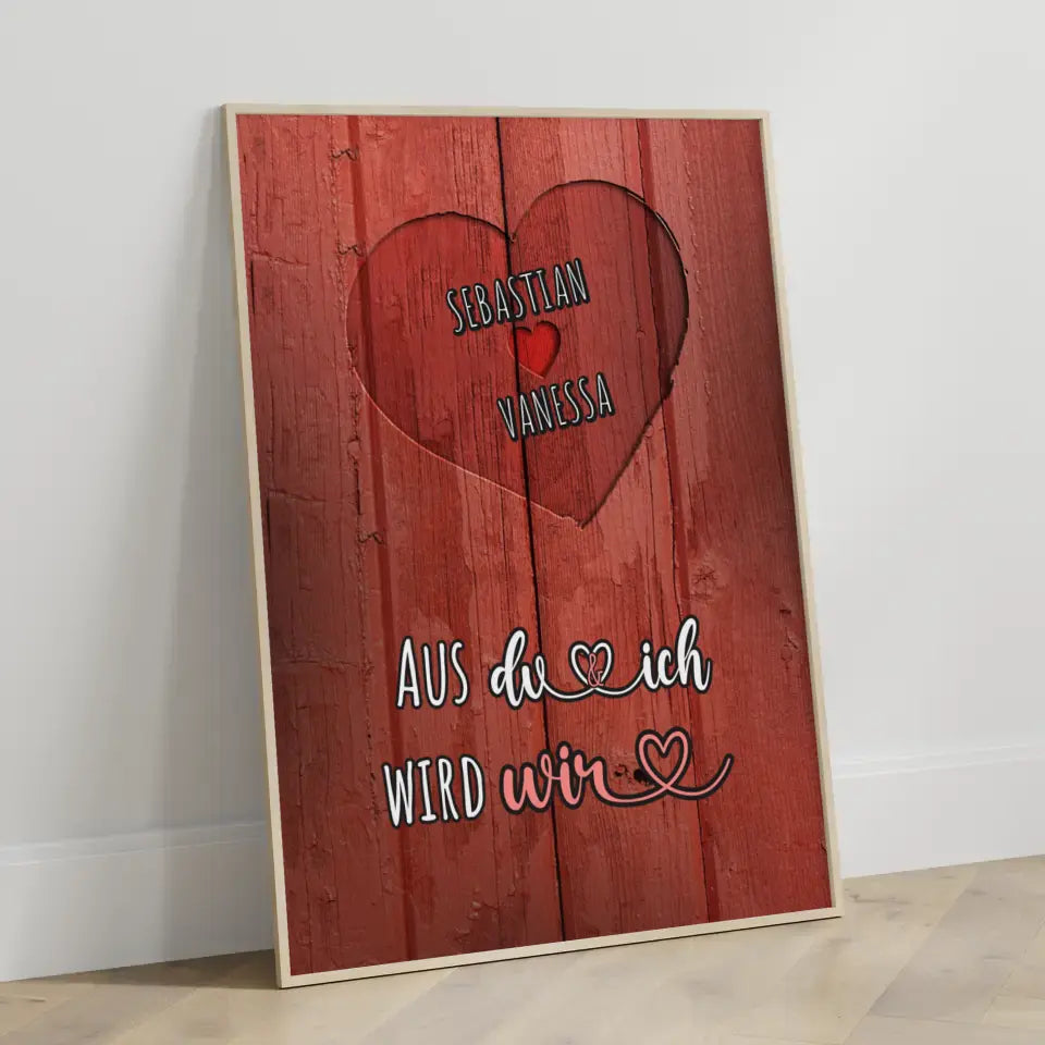 Personalisiertes Poster Paar Herz Holz Rot Du und Ich Vintage Mit Namen