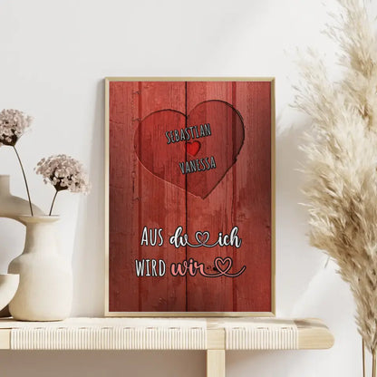 Personalisiertes Poster Paar Herz Holz Rot Du und Ich Vintage Mit Namen