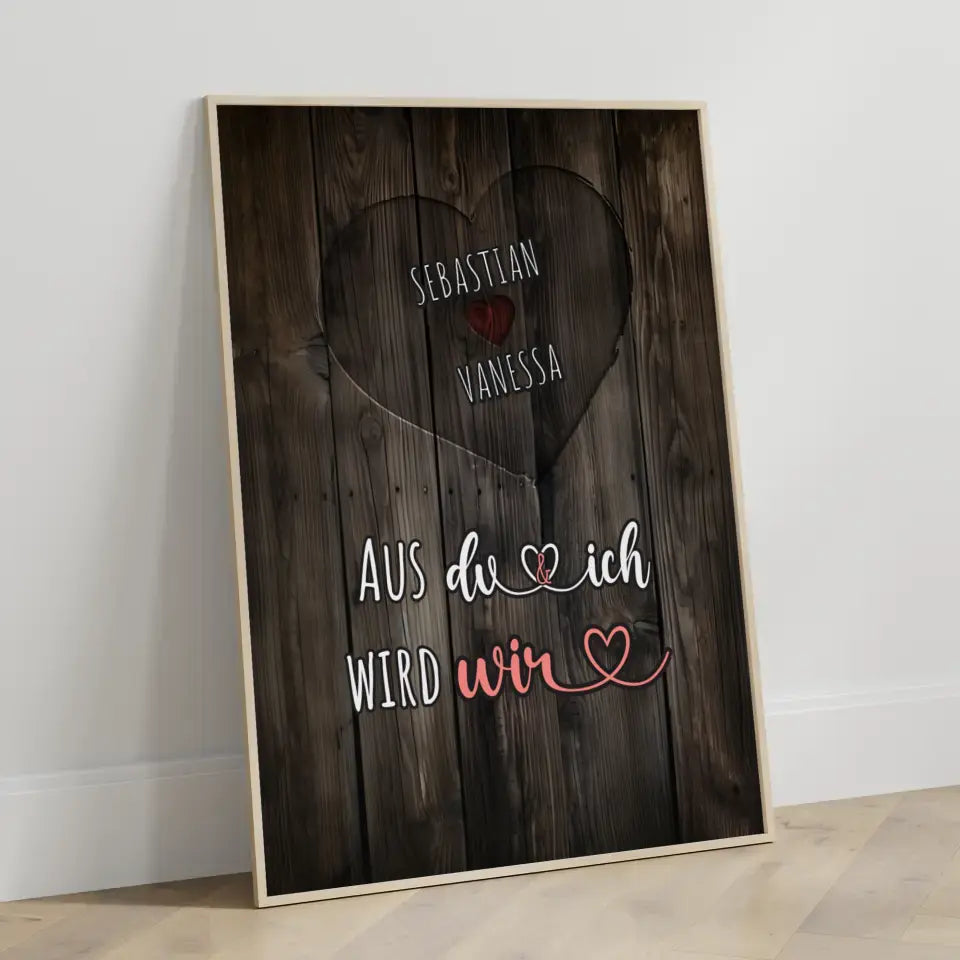 Personalisiertes Poster Paar Herz Holz Look Eigenes Design Braun Mit Namen & Spruch wählbar