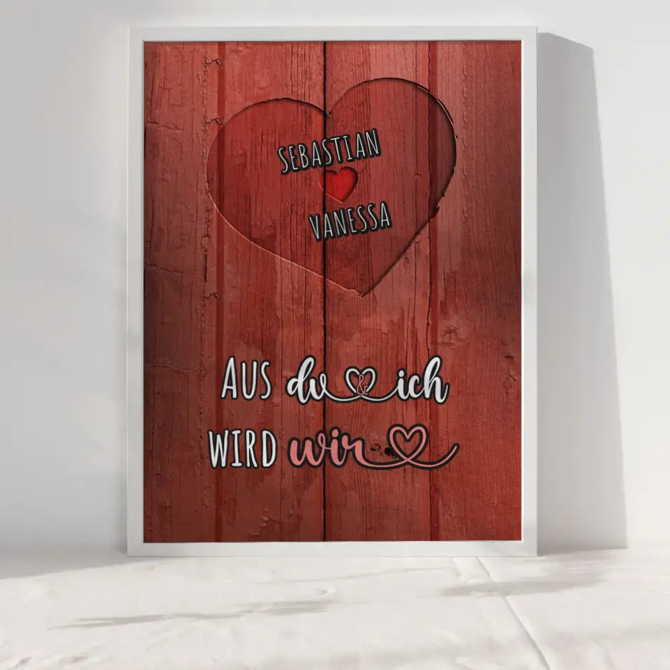 Personalisiertes Poster Paar Herz Holz Rot Du und Ich Vintage Mit Namen