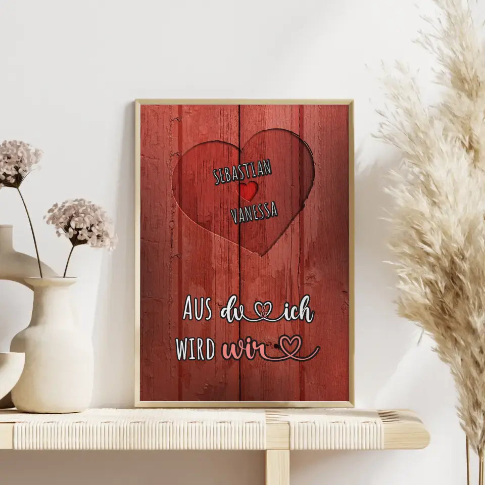 Personalisiertes Poster Paar Herz Holz Look Eigenes Design Rot Mit Namen & Spruch wählbar