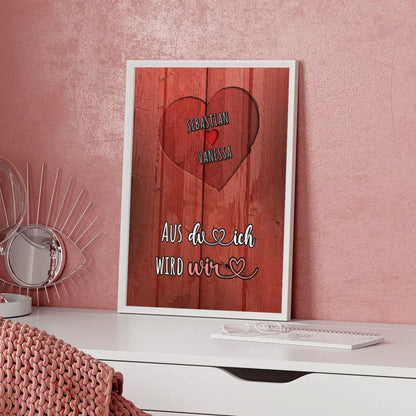 Personalisiertes Poster Paar Herz Holz Look Eigenes Design Rot Mit Namen & Spruch wählbar