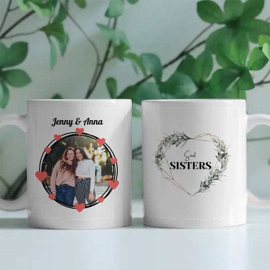 Personalisierte Tasse Freundinnen Soul Sisters Blumen Rahmen Fototasse