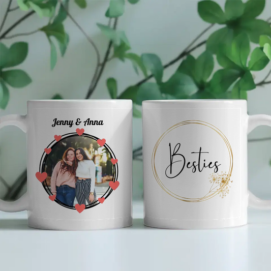 Personalisierte Tasse Freundinnen Besties Gold Rahmen Pusteblume Fototasse