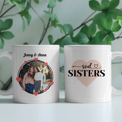 Personalisierte Tasse Freundinnen Soul Sisters Herz in Schrift Fototasse