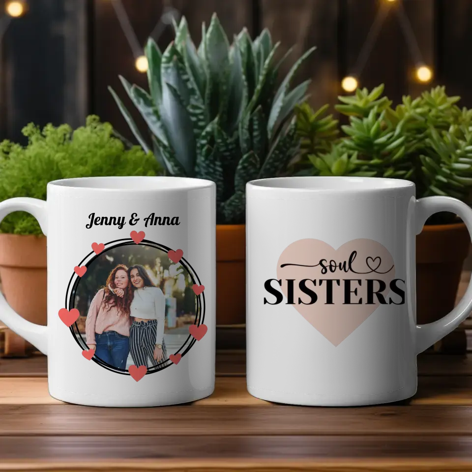 Personalisierte Tasse Freundinnen Soul Sisters Herz in Schrift Fototasse