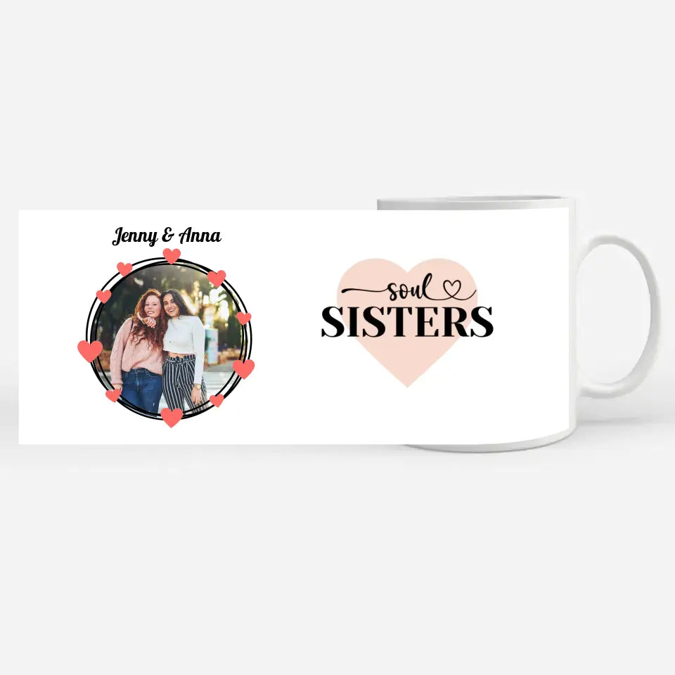 Personalisierte Tasse Freundinnen Soul Sisters Herz in Schrift Fototasse