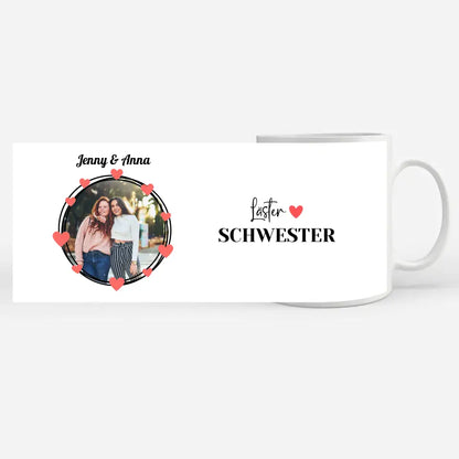 Personalisierte Tasse Freundinnen Läster Schwester mit Herz Fototasse