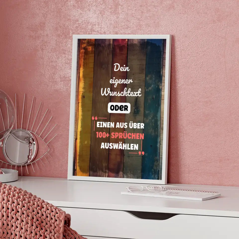 Personalisiertes Poster buntes Holz mit Wunschtext & Hintergründen