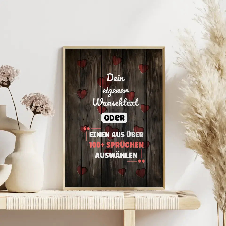 Personalisiertes Poster Holz mit Herzen mit Wunschtext & Hintergründen