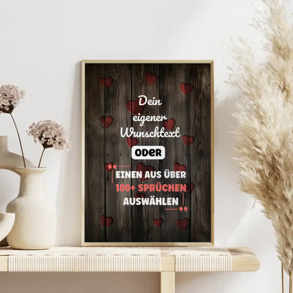 Personalisiertes Poster Holz mit Herzen mit Wunschtext & Hintergründen