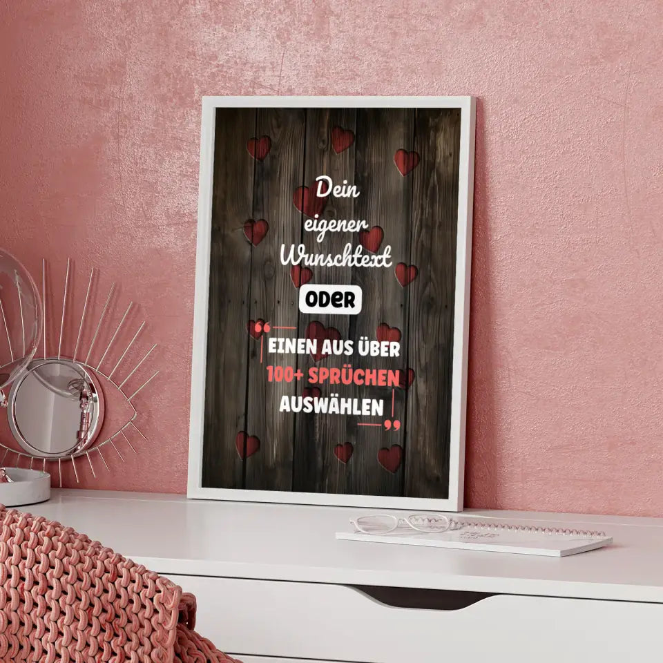 Personalisiertes Poster Holz mit Herzen mit Wunschtext & Hintergründen
