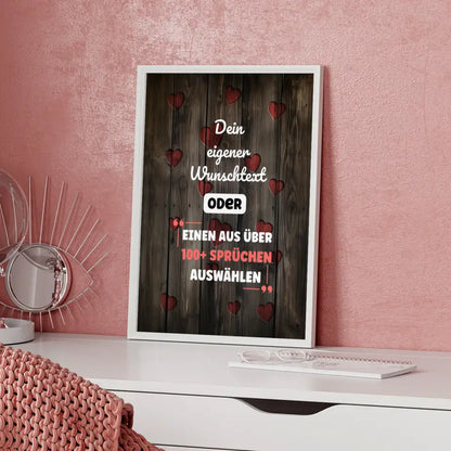 Personalisiertes Poster Holz mit Herzen mit Wunschtext & Hintergründen