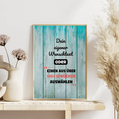 Personalisiertes Poster türkis Holz mit Wunschtext & Hintergründen