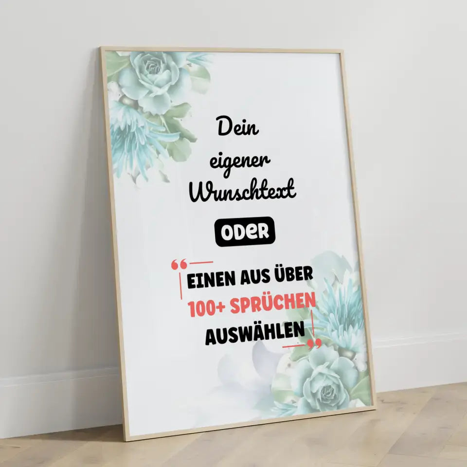Personalisiertes Poster Türkis Rosen mit Wunschtext & Hintergründen