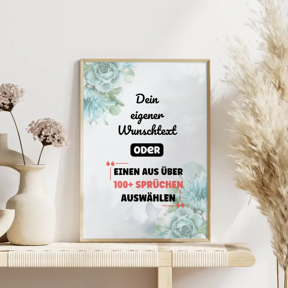 Personalisiertes Poster Türkis Rosen mit Wunschtext & Hintergründen