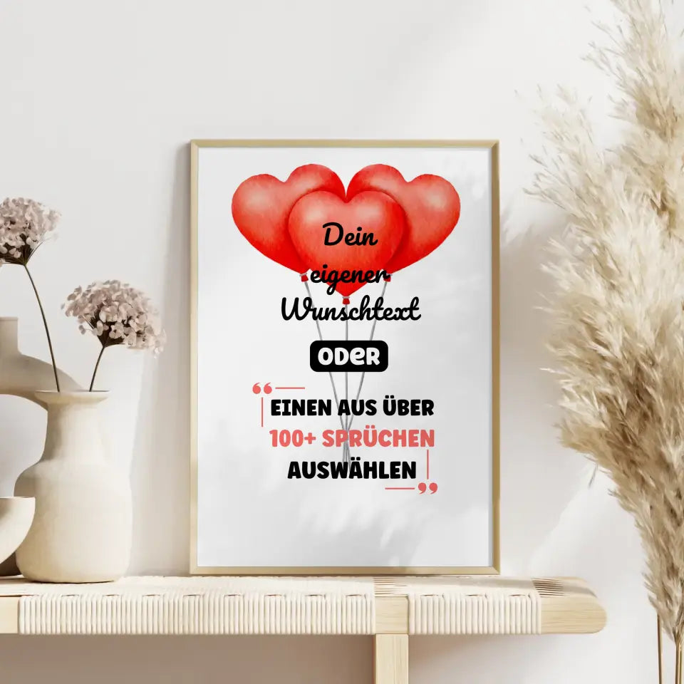 Personalisiertes Poster Herzballons mit Wunschtext & Hintergründen