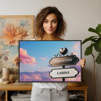 Personalisiertes Poster Liebe Wegweiser lila Wolken mit Namen