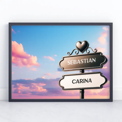 Personalisiertes Poster Liebe Wegweiser lila Wolken mit Namen