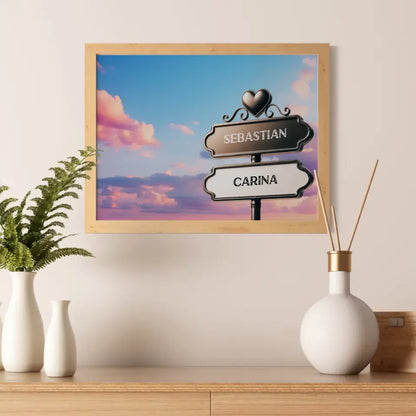 Personalisiertes Poster Liebe Wegweiser lila Wolken mit Namen