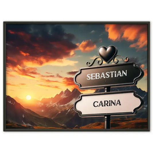 Personalisiertes Poster Paare Wegweiser Sonnenuntergang Alpen mit Namen