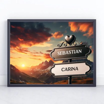 Personalisiertes Poster Paare Wegweiser Sonnenuntergang Alpen mit Namen
