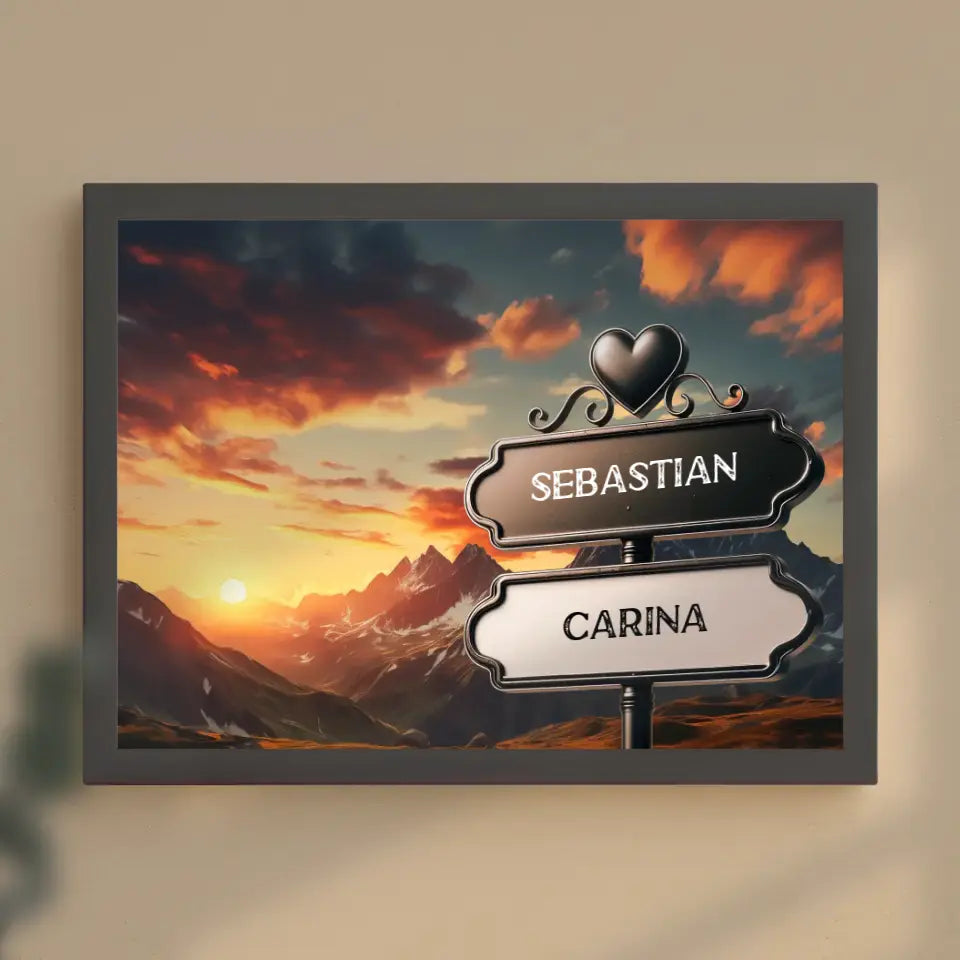 Personalisiertes Poster Paare Wegweiser Sonnenuntergang Alpen mit Namen