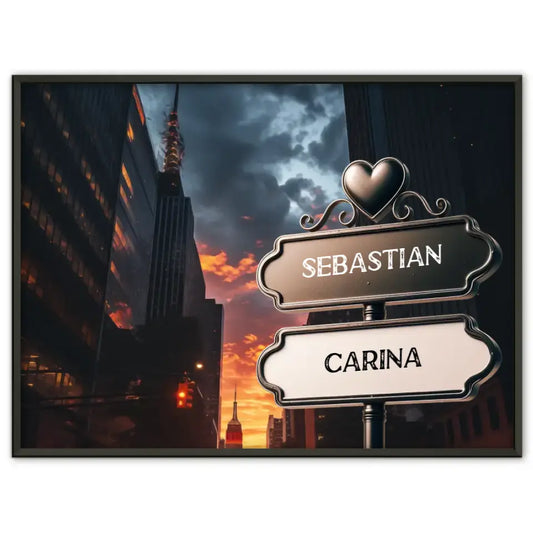 Personalisiertes Poster Paare Wegweiser Sonnenuntergang Skyscraper