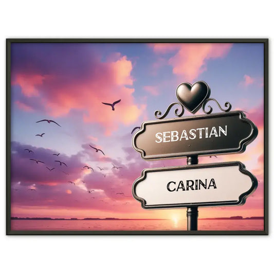 Liebes Poster mit Namen Wegweiser Sonnenuntergang am See