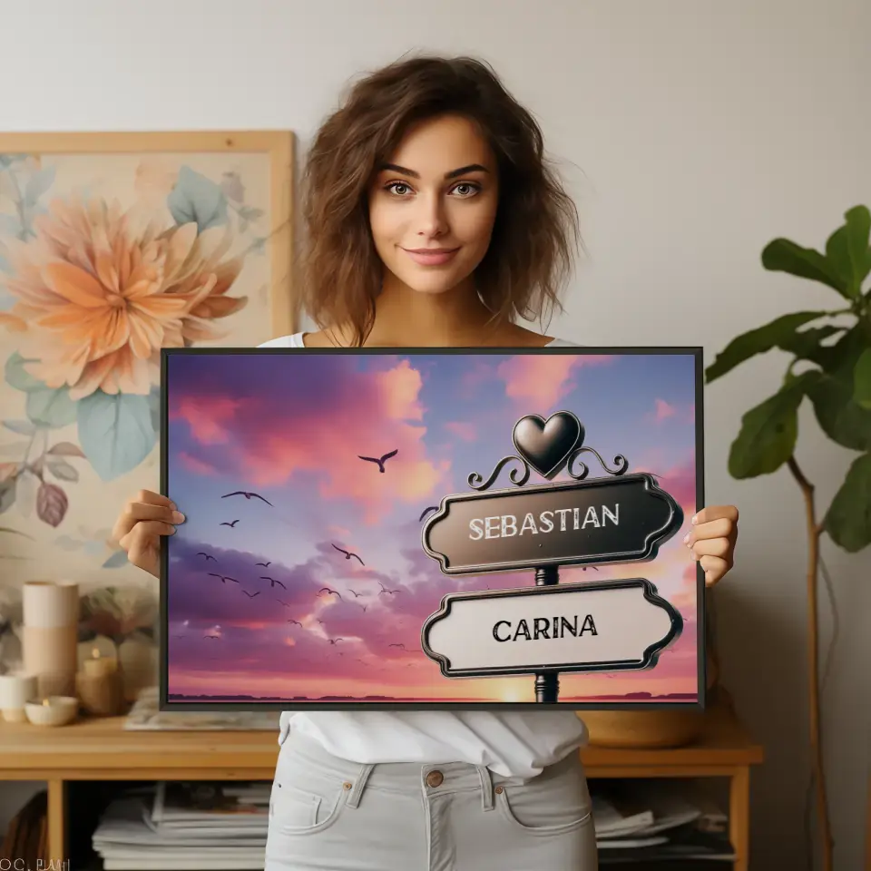 Liebes Poster mit Namen Wegweiser Sonnenuntergang am See