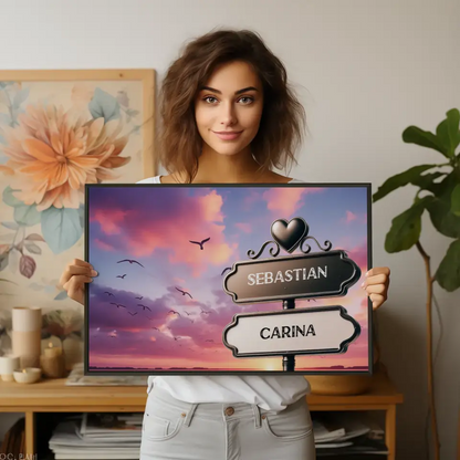 Liebes Poster mit Namen Wegweiser Sonnenuntergang am See