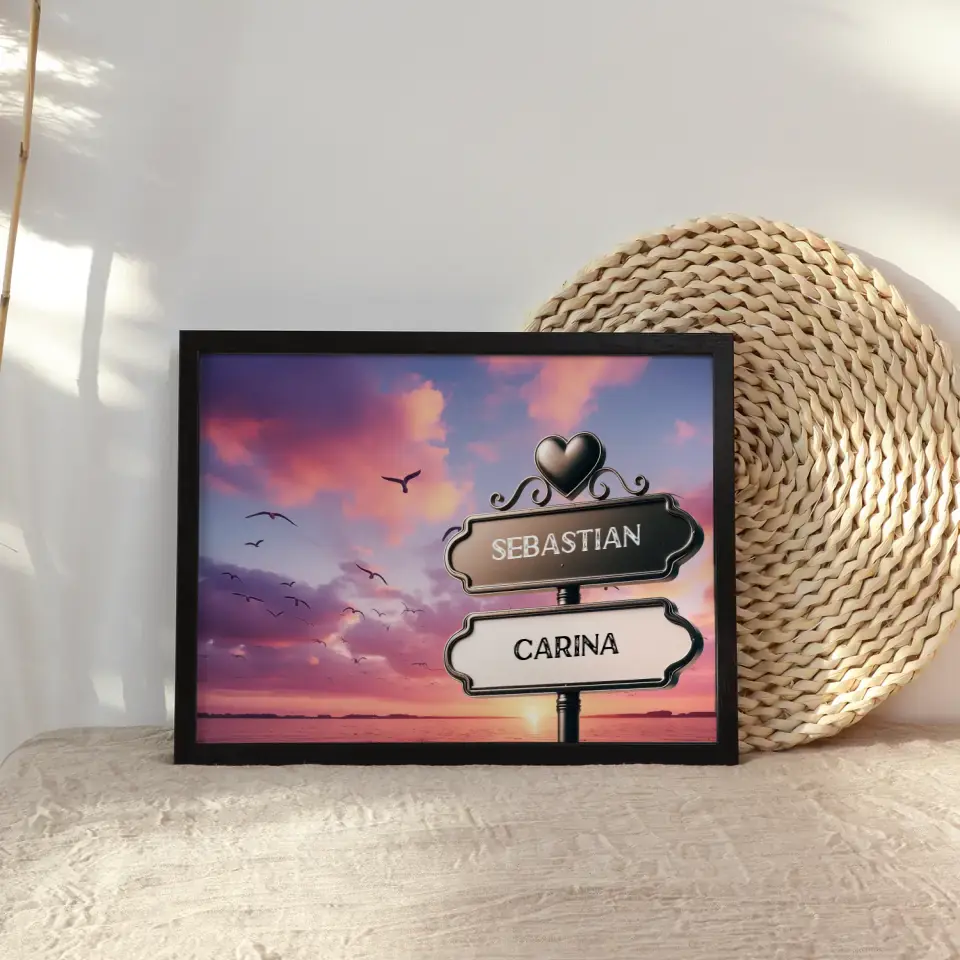 Liebes Poster mit Namen Wegweiser Sonnenuntergang am See