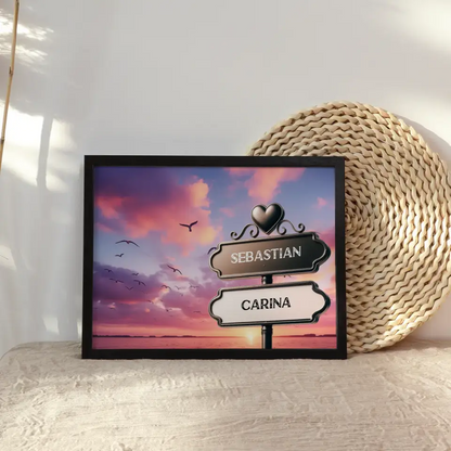 Liebes Poster mit Namen Wegweiser Sonnenuntergang am See