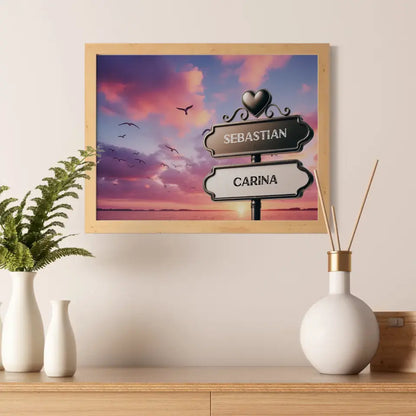 Liebes Poster mit Namen Wegweiser Sonnenuntergang am See