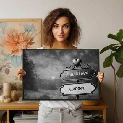 Poster personalisiert Wegweiser Schwarz Weiß Sonnenuntergang