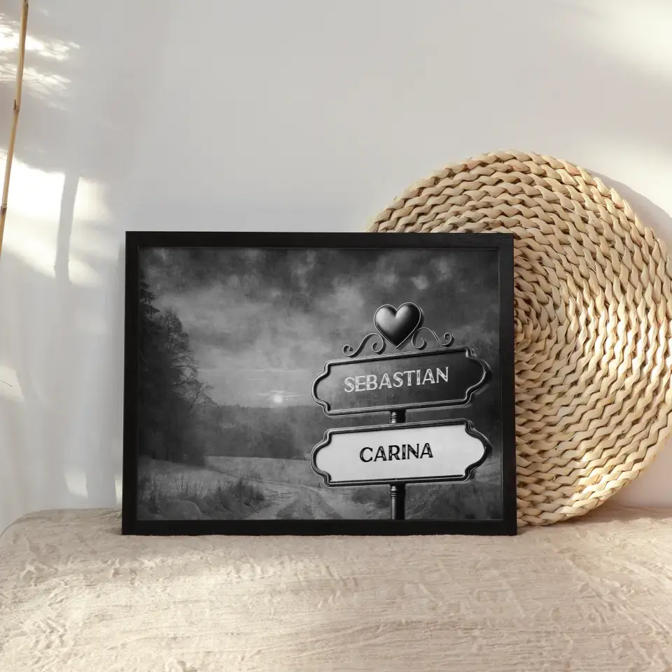 Poster personalisiert Wegweiser Schwarz Weiß Sonnenuntergang