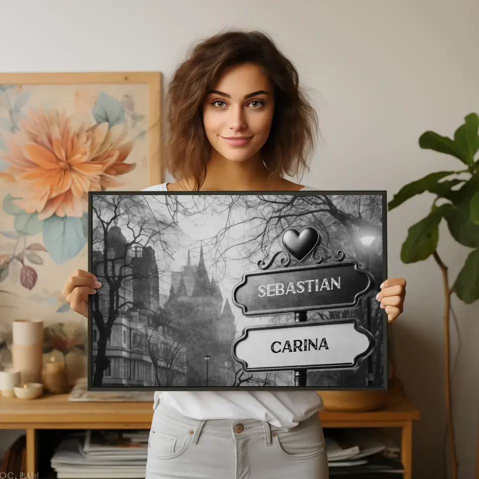 Personalisiertes Poster Wegweiser Schwarz Weiß alte Stadt