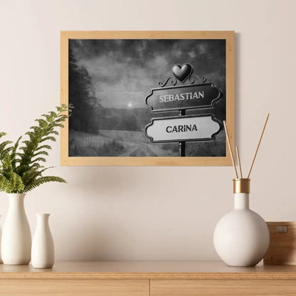 Poster personalisiert Wegweiser Schwarz Weiß Sonnenuntergang