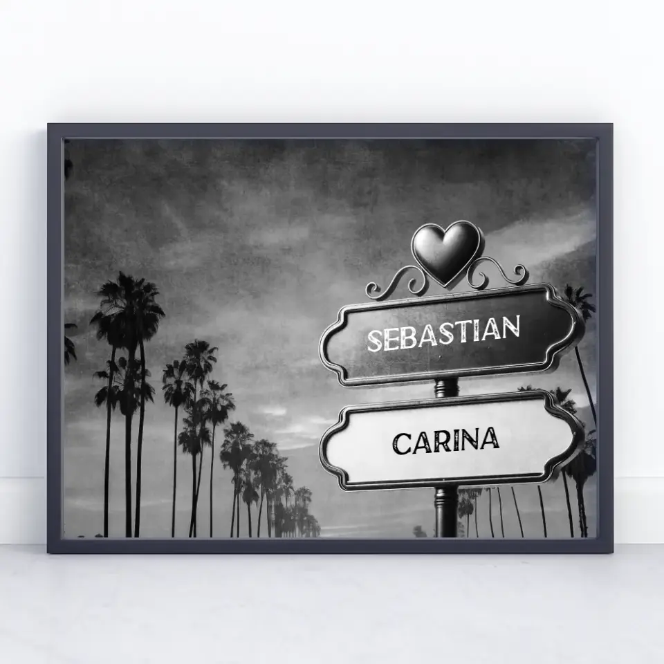 Liebes Poster mit Namen Wegweiser Schwarz Weiß Palmen